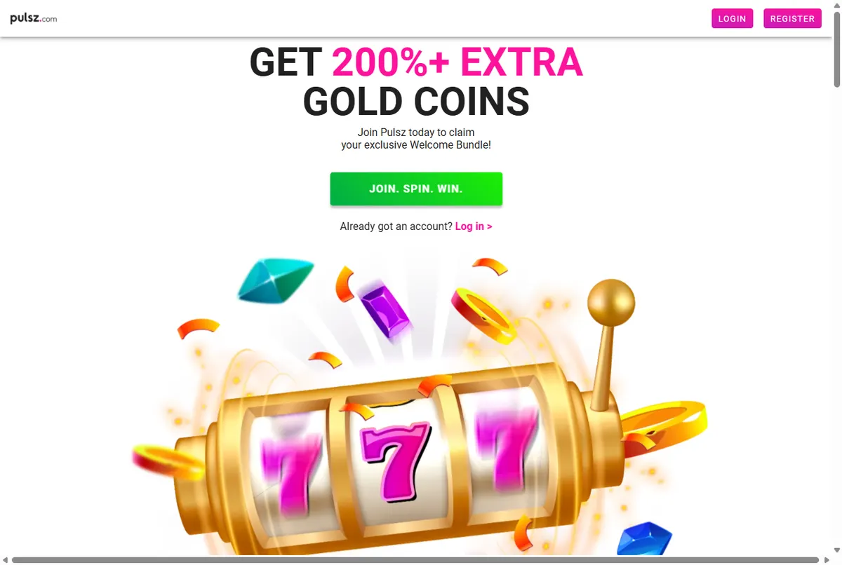 The Pulsz home page with its welcome bundle offer