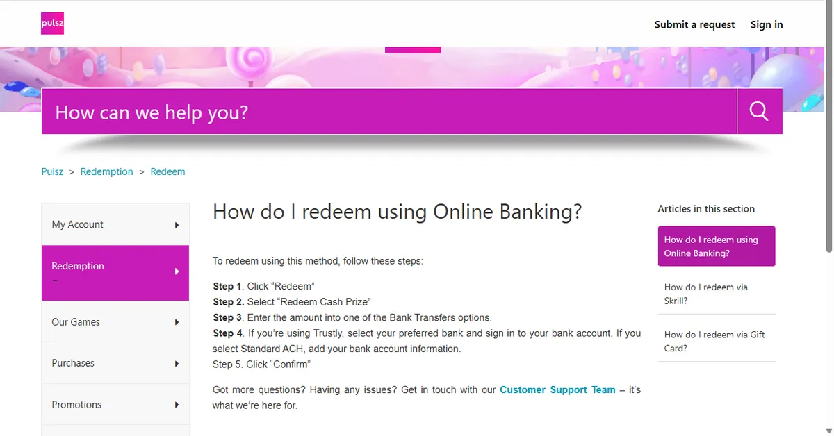Pulsz help article on redeeming through Online Banking