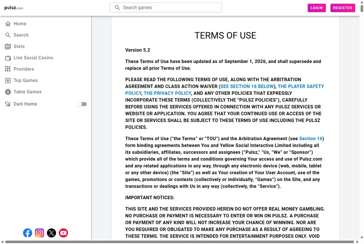 The top of the Pulsz Terms of Use, Version 5.2
