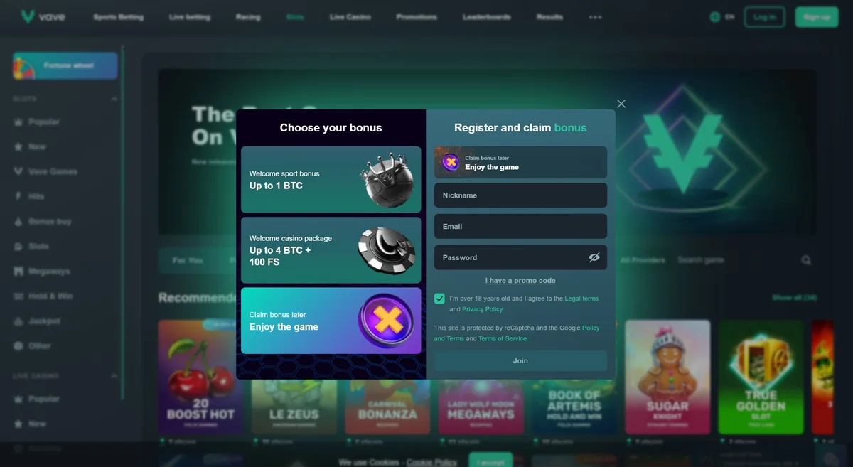 The details panel of the Vave welcome bonus