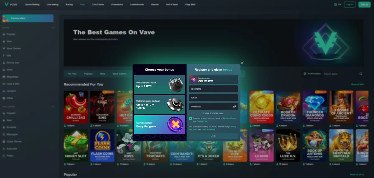 The Vave lobby with the bonus picker open