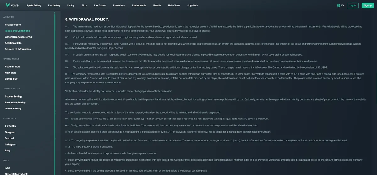 The withdrawal policy section of the Vave terms