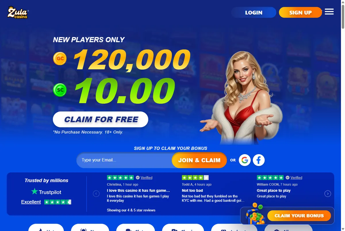 The Zula Casino home page with its new-player coin offer